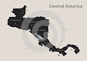 Black map of Central America with names of regions, design blackboard