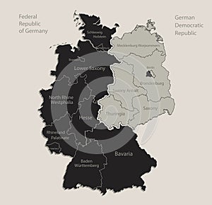 Black map of Germany map divided on West and East Germany with names of regions, design blackboard