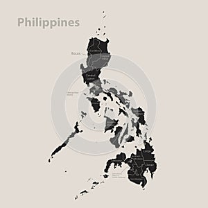 Black map of Philippines with names of regions, design blackboard