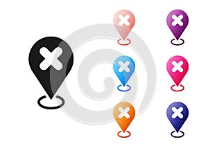 Black Map pin with cross mark icon isolated on white background. Navigation, pointer, location, map, gps, direction