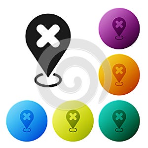 Black Map pin with cross mark icon isolated on white background. Navigation, pointer, location, map, gps, direction