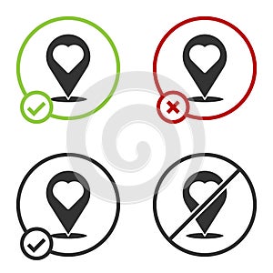 Black Map pointer with heart icon isolated on white background. Valentines day. Love location. Romantic map pin. Circle