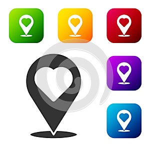 Black Map pointer with heart icon isolated on white background. Valentines day. Love location. Romantic map pin. Set