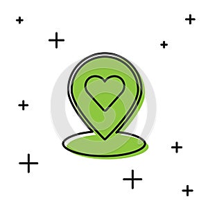 Black Map pointer with heart icon isolated on white background. Valentines day. Love location. Romantic map pin. Vector