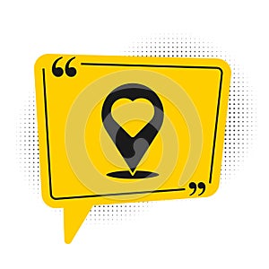 Black Map pointer with heart icon isolated on white background. Valentines day. Love location. Romantic map pin. Yellow