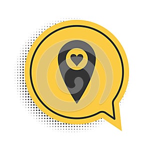 Black Map pointer with heart icon isolated on white background. Valentines day. Love location. Romantic map pin. Yellow