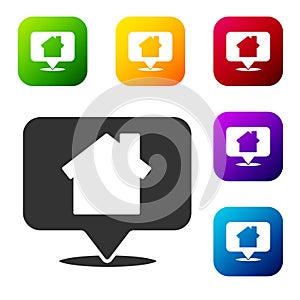 Black Map pointer with house icon isolated on white background. Home location marker symbol. Set icons in color square