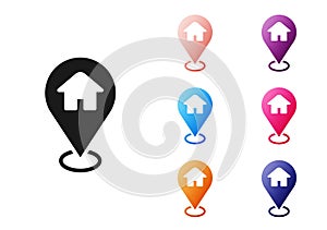 Black Map pointer with house icon isolated on white background. Home location marker symbol. Set icons colorful. Vector