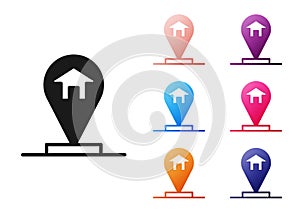 Black Map pointer with house icon isolated on white background. Home location marker symbol. Set icons colorful. Vector