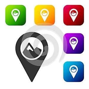 Black Map pointer with mountain icon isolated on white background. Mountains travel icon. Set icons in color square