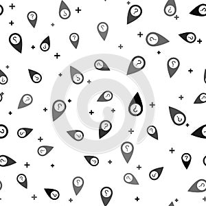 Black Map pointer with Question symbol icon isolated seamless pattern on white background. Marker location sign. For