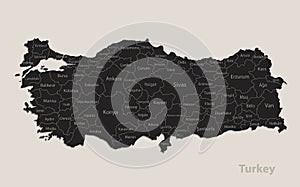 Black map of Turkey with names of regions, design blackboard