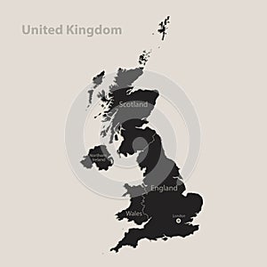 Black map of United Kingdom with names of regions, design blackboard