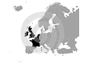 Black map of West Europe countries on gray Europe map