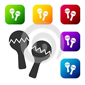 Black Maracas icon isolated on white background. Music maracas instrument mexico. Set icons in color square buttons