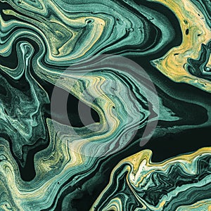 Black marble background with dark green waves. Abstract background or texture. Acrylic Fluid Art