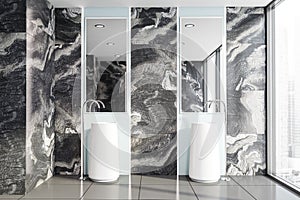 Black marble bathroom interior, double sink
