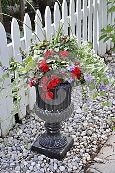 Black Marble Jardiniere with Beautiful Flowers Arrangement from Downtown of Niagara-on-the-Lake in Ontario province