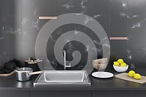 Black marble kitchen, countertop and sink