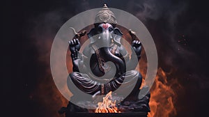 A black marble statue of the Hindu God Vinayakar