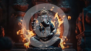 A black marble statue of the Hindu God Vinayakar