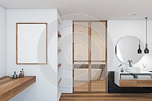 Black marble and white bathroom with poster