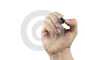 Black marker in a hand close up. Isolated on white background. Whiteboard drawing