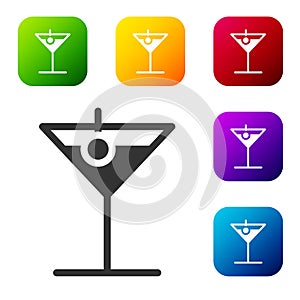 Black Martini glass icon isolated on white background. Cocktail icon. Wine glass icon. Set icons in color square buttons