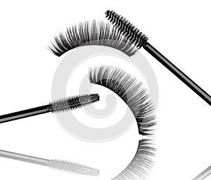 Black mascara brush with false eyelashes close-up