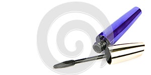 Black mascara package isolated on white. There is free space for text. Wide photo