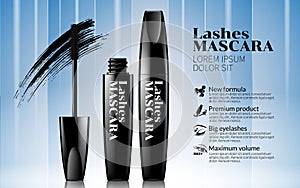 Black Mascara Smear of Carcass on Soft white line and blue Background. Excellent Advertising. Cosmetic Package Design Sale