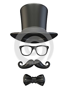 Black mask Cylinder, ribbon bow, glasses and moustache 3D