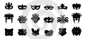 Black masks silhouettes. Isolated mask icons set, masquerade accessories. Brazilian or venetian carnival, festival