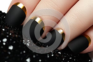 Black matte nail polish. Manicured nail with black matte nail po