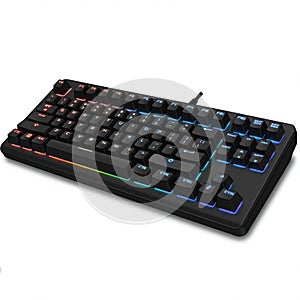 Black mechanical keyboard with RGB backlighting, featuring a standard layout