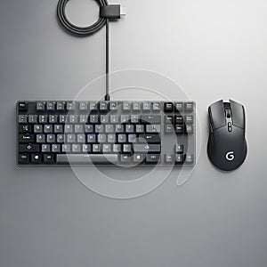 Black mechanical keyboard and wireless mouse on a gray surface