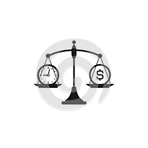 Black mechanical scales with dollar coin and clock in pans. Time and money balance. Justice, law scale