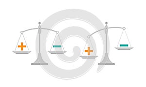 Black mechanical scales with plus and minus in pans. value, solution and rationality balance.