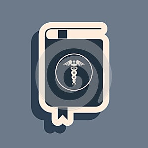 Black Medical book and Caduceus medical symbol icon isolated on grey background. Medical reference book, textbook