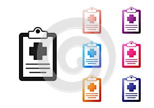 Black Medical clipboard with clinical record icon isolated on white background. Prescription, medical check marks report