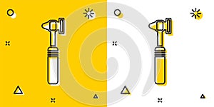 Black Medical otoscope tool icon isolated on yellow and white background. Medical instrument. Random dynamic shapes