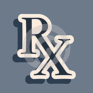 Black Medicine symbol Rx prescription icon isolated on grey background. Long shadow style. Vector