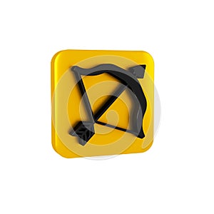 Black Medieval bow and arrow icon isolated on transparent background. Medieval weapon. Yellow square button.