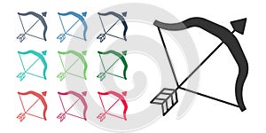 Black Medieval bow and arrow icon isolated on white background. Medieval weapon. Set icons colorful. Vector