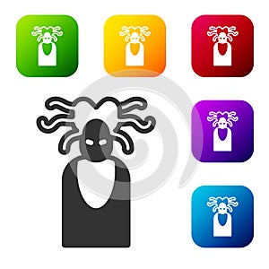 Black Medusa Gorgon head with snakes greek icon isolated on white background. Set icons in color square buttons. Vector