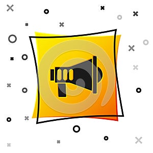 Black Megaphone icon isolated on white background. Speaker sign. Yellow square button. Vector