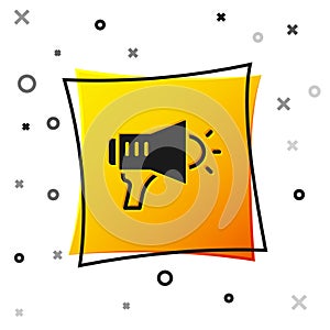 Black Megaphone icon isolated on white background. Speaker sign. Yellow square button. Vector