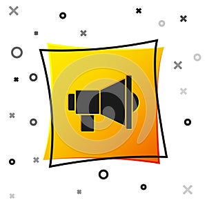 Black Megaphone icon isolated on white background. Speaker sign. Yellow square button. Vector