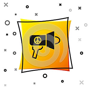 Black Megaphone icon isolated on white background. Speaker sign. Yellow square button. Vector