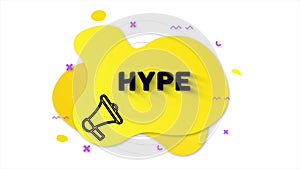 Black megaphone with text Hype. Memphis style banner with abstract geometric shapes on yellow background. Banner and